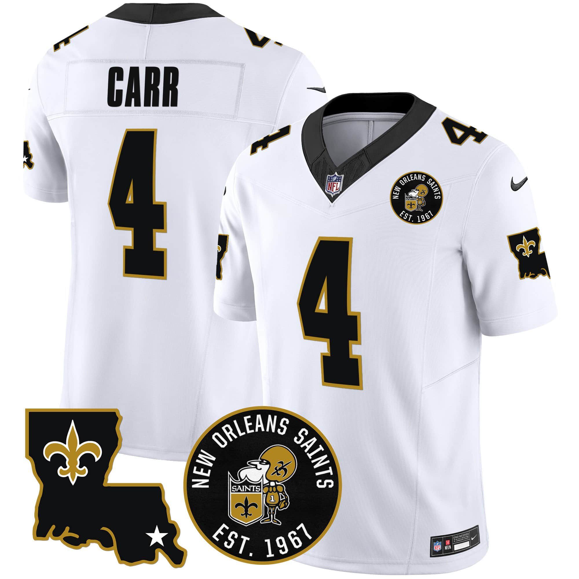 Men New Orleans Saints #4 Carr White 2024 Nike 1967 Patch Vapor Limited NFL Jersey